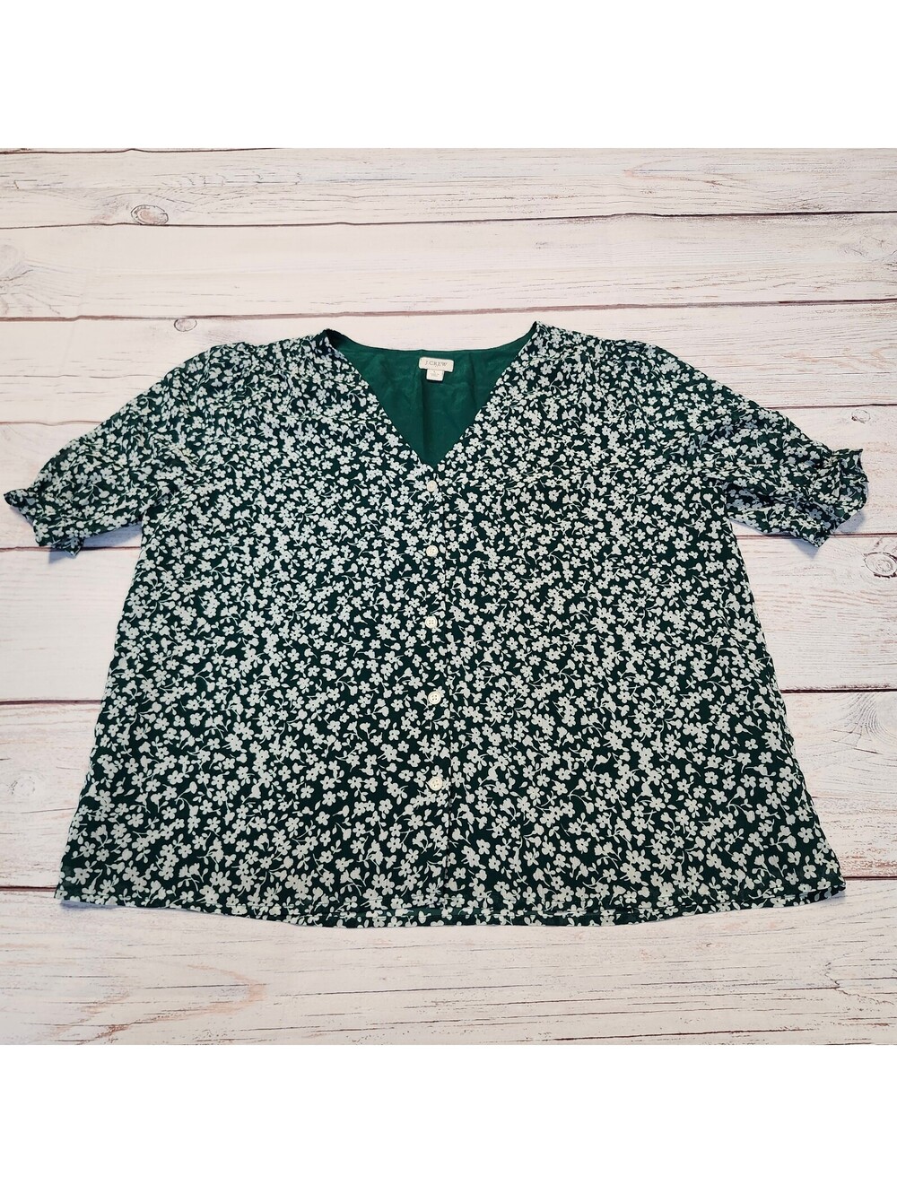 J.Crew Women's Green Floral Button-Up Blouse Size L